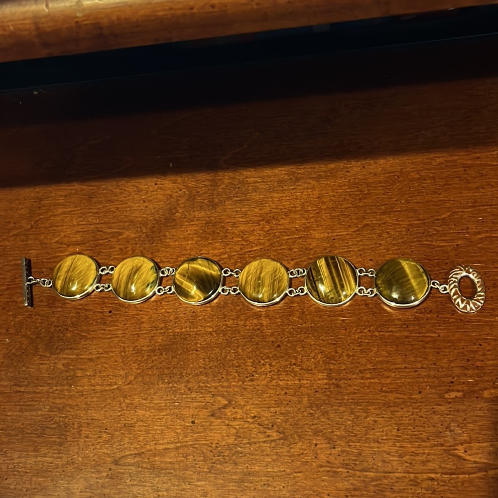 QVC David Sigal Sterling Silver Tiger's Eye Cabochon Link Bracelet